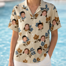 Model wearing Women's Bougainvillea Bounce Custom Face Hawaiian Shirt printed with kids' faces