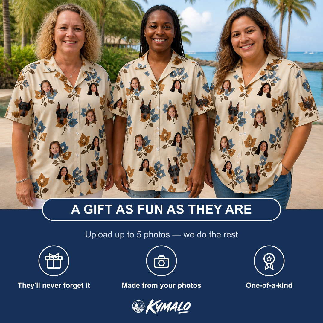 Friends in matching Women's Bougainvillea Bounce Custom Face Hawaiian Shirt — a group gift photo