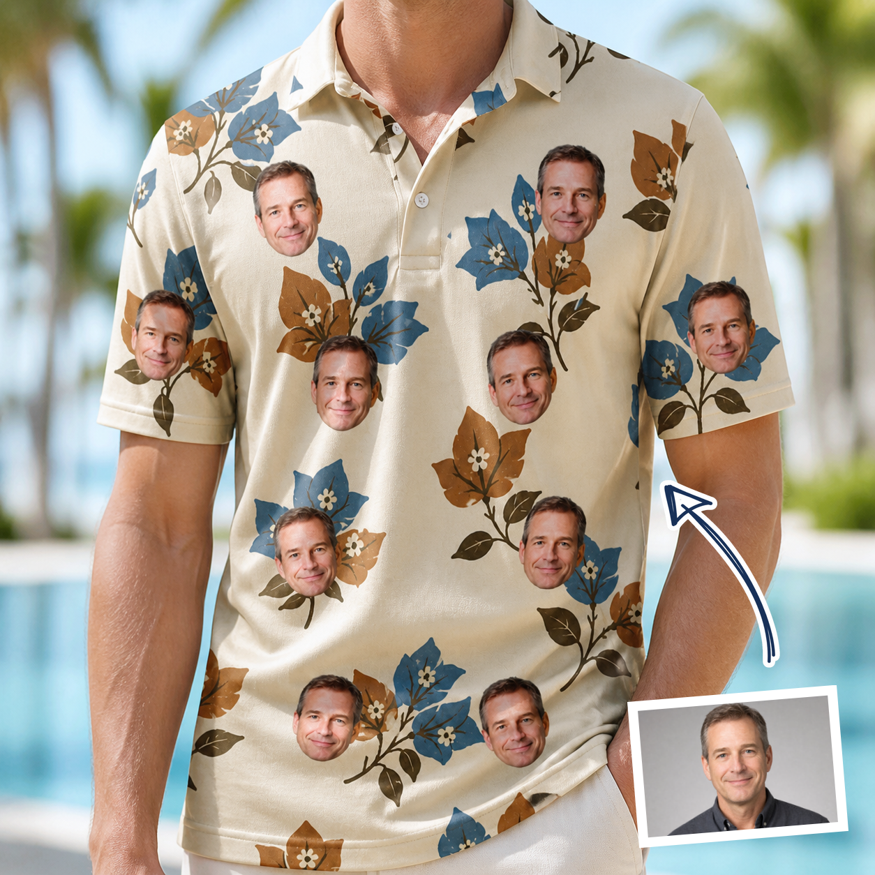 Man wearing Men's Bougainvillea Bounce Custom Face Polo Shirt — custom faces printed all-over