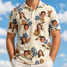 Model wearing Men's Bougainvillea Bounce Custom Face Polo Shirt printed with kids' faces