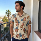 Real-life photo of someone wearing Men's Bougainvillea Bounce Custom Face Polo Shirt — custom faces printed all-over