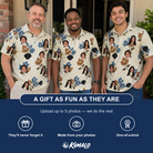 Friends in matching Men's Bougainvillea Bounce Custom Face Polo Shirt — a group gift photo