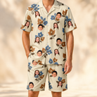 Model wearing Men's Bougainvillea Bounce Custom Face Shirt & Shorts Set printed with kids' faces