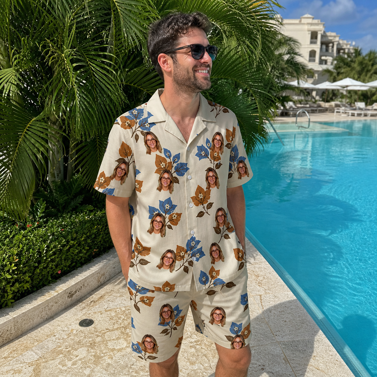 Real-life photo of someone wearing Men's Bougainvillea Bounce Custom Face Shirt & Shorts Set — custom faces printed all-over