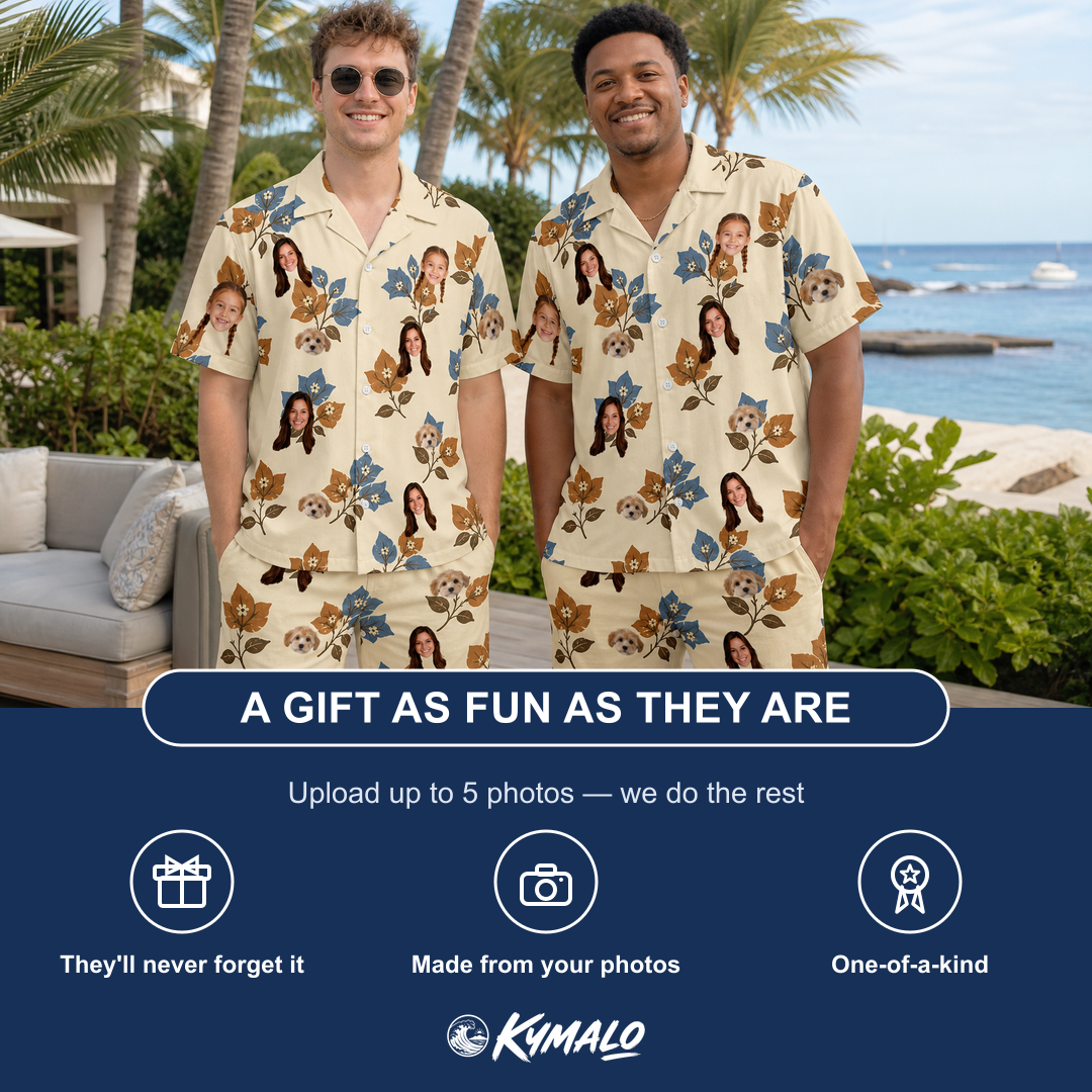 Friends in matching Men's Bougainvillea Bounce Custom Face Shirt & Shorts Set — a group gift photo