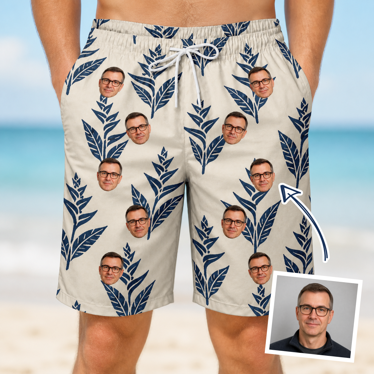 Man wearing Men's Scarlet Spikes Custom Face Beach Shorts — custom faces printed all-over