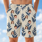 Model wearing Men's Scarlet Spikes Custom Face Beach Shorts printed with kids' faces