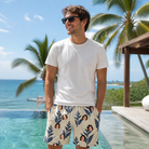 Real-life photo of someone wearing Men's Scarlet Spikes Custom Face Beach Shorts — custom faces printed all-over