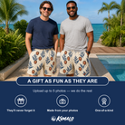 Friends in matching Men's Scarlet Spikes Custom Face Beach Shorts — a group gift photo