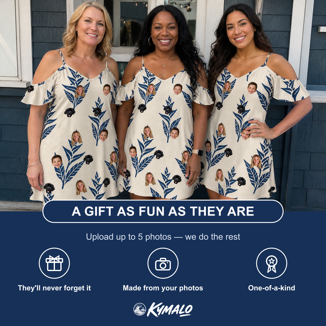 Friends in matching Women's Scarlet Spikes Custom Face Off-Shoulder Dress — a group gift photo