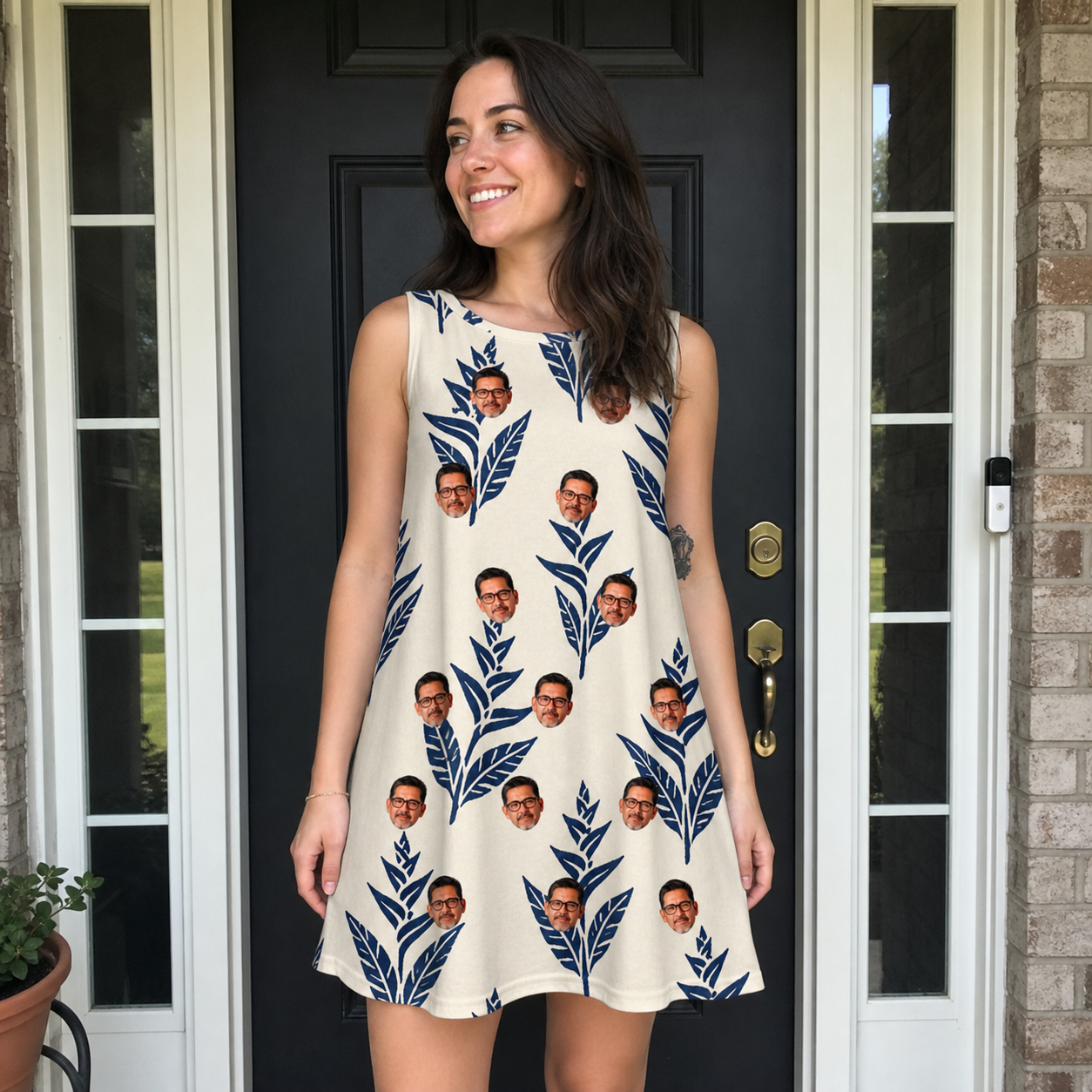 Real-life photo of someone wearing Women's Scarlet Spikes Custom Face Tank Dress — custom faces printed all-over