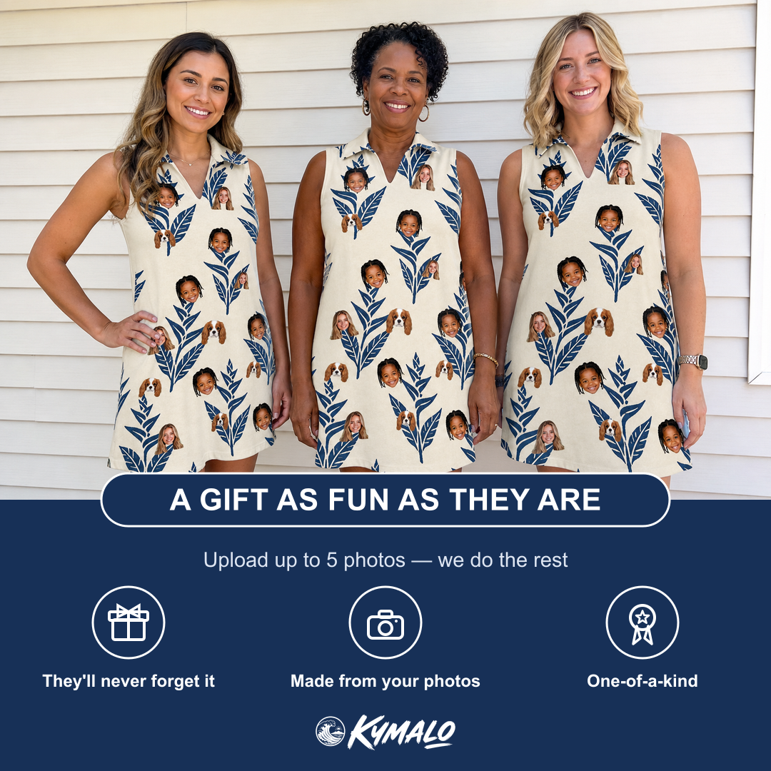 Friends in matching Women's Scarlet Spikes Custom Face V-Neck Dress — a group gift photo