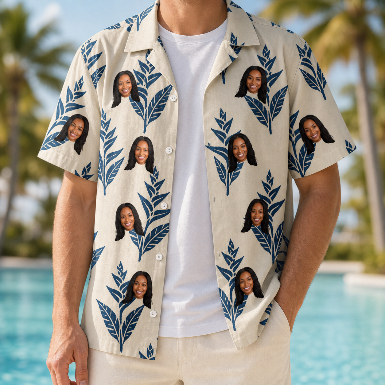 Man wearing Men's Scarlet Spikes Custom Face Hawaiian Shirt open over a white tee