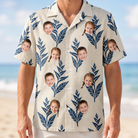 Model wearing Men's Scarlet Spikes Custom Face Hawaiian Shirt printed with kids' faces