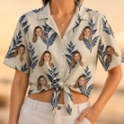Woman wearing Women's Scarlet Spikes Custom Face Hawaiian Shirt tied at the waist