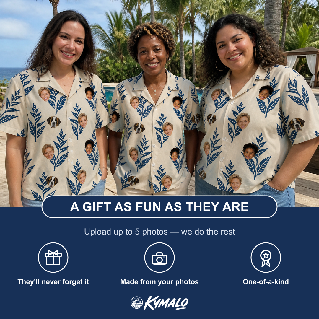 Friends in matching Women's Scarlet Spikes Custom Face Hawaiian Shirt — a group gift photo