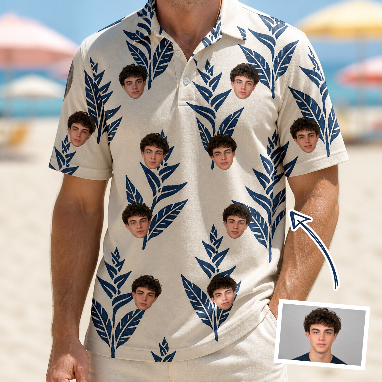 Man wearing Men's Scarlet Spikes Custom Face Polo Shirt — custom faces printed all-over