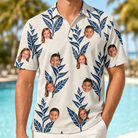 Model wearing Men's Scarlet Spikes Custom Face Polo Shirt printed with kids' faces