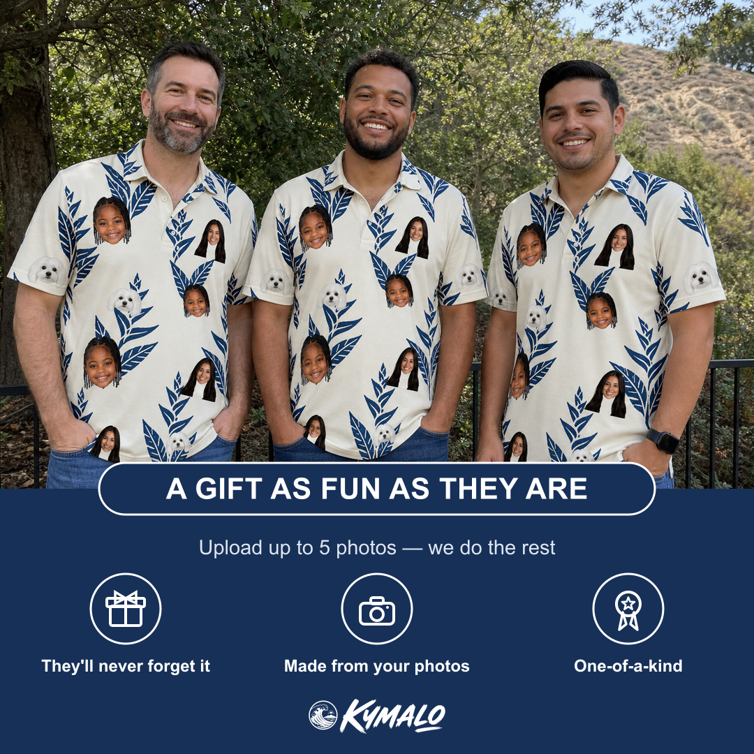 Friends in matching Men's Scarlet Spikes Custom Face Polo Shirt — a group gift photo