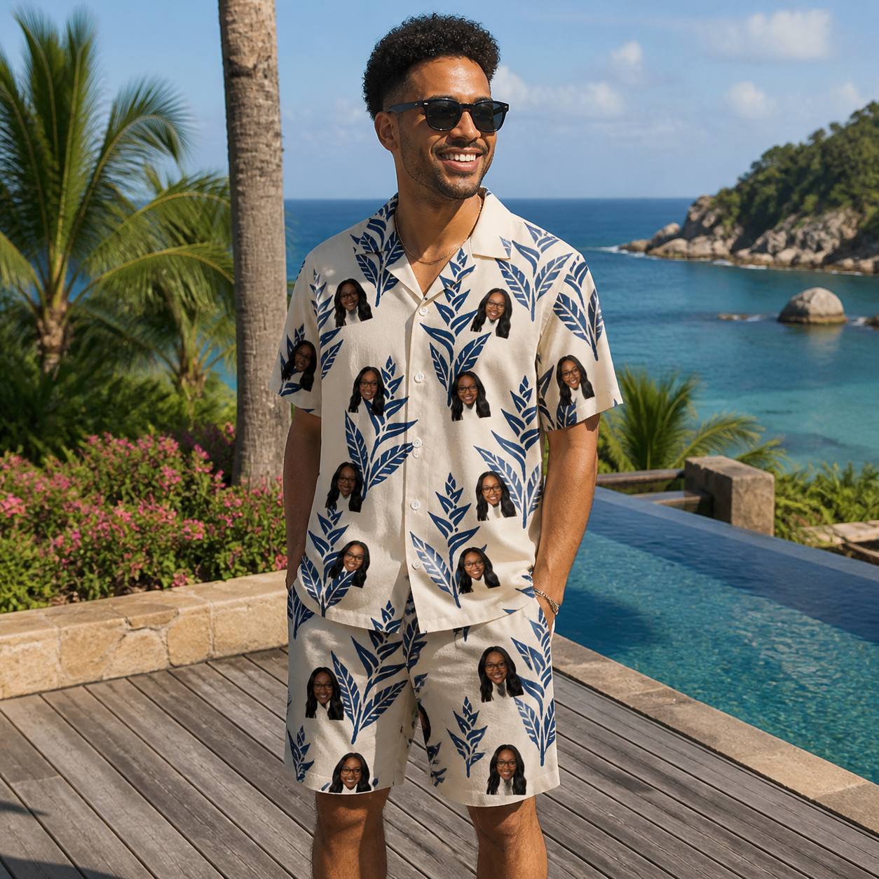 Real-life photo of someone wearing Men's Scarlet Spikes Custom Face Shirt & Shorts Set — custom faces printed all-over