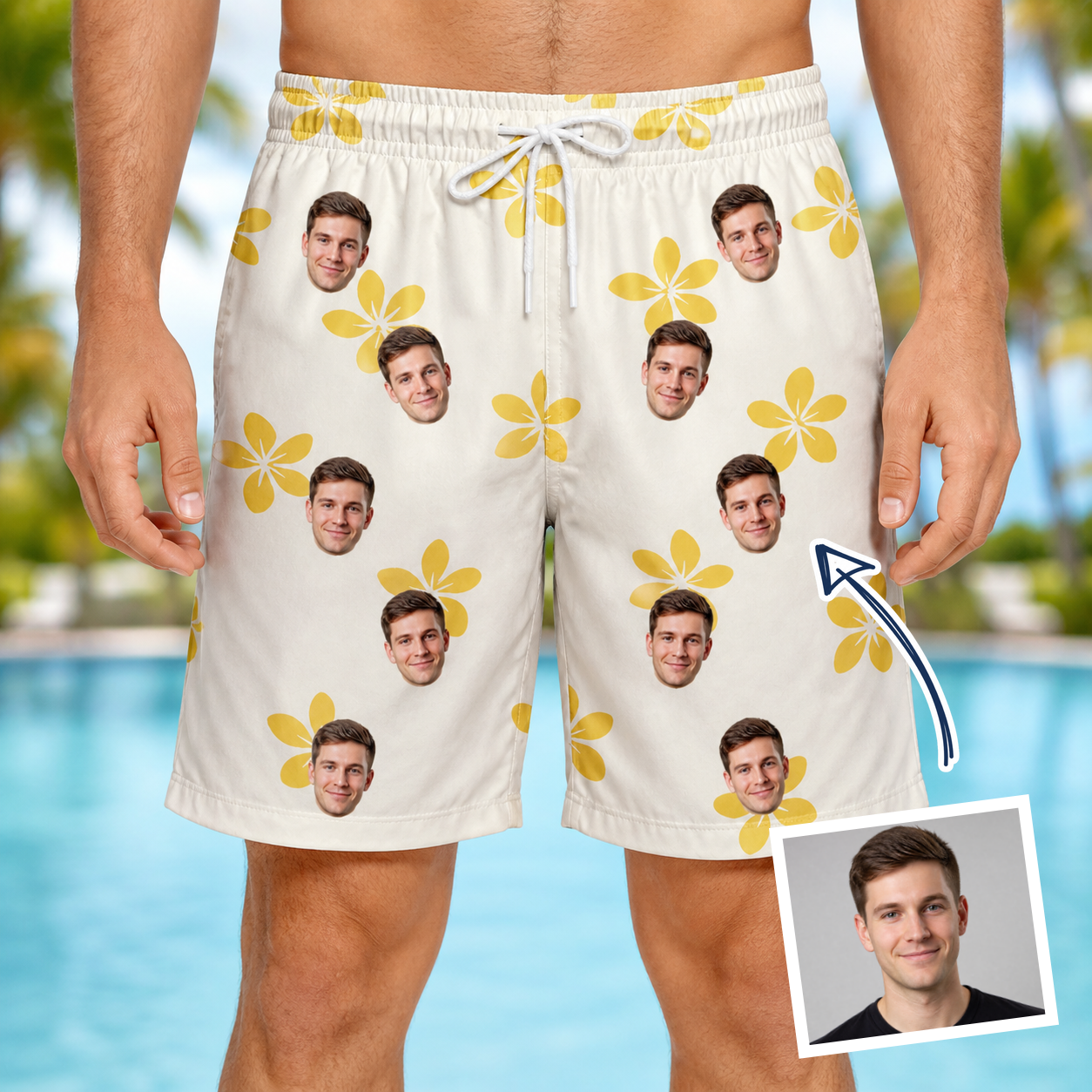 Man wearing Men's Island Incense Custom Face Beach Shorts — custom faces printed all-over