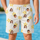 Model wearing Men's Island Incense Custom Face Beach Shorts printed with kids' faces