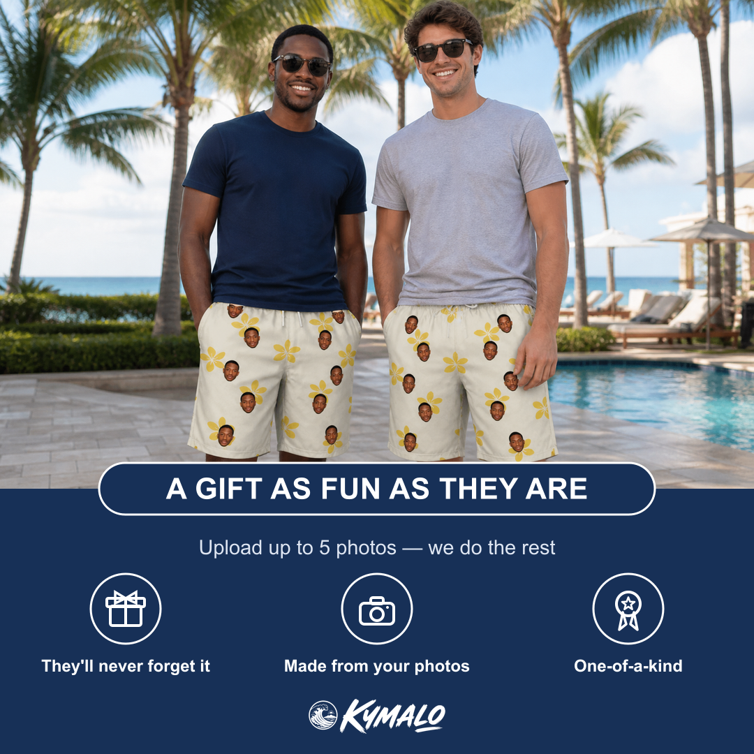 Friends in matching Men's Island Incense Custom Face Beach Shorts — a group gift photo