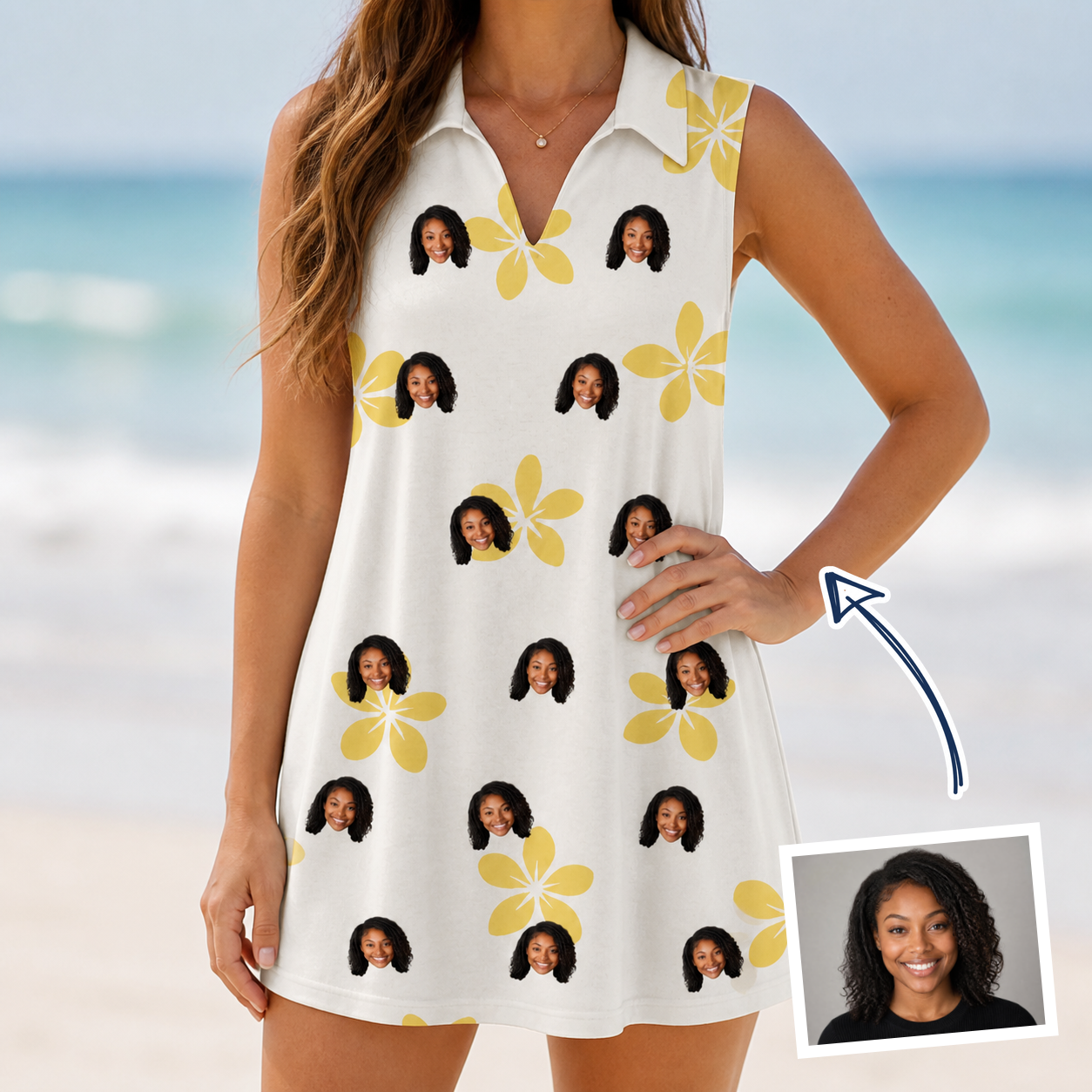 Woman wearing Women's Island Incense Custom Face V-Neck Dress — custom faces printed all-over