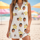 Model wearing Women's Island Incense Custom Face V-Neck Dress printed with kids' faces