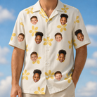 Model wearing Men's Island Incense Custom Face Hawaiian Shirt printed with kids' faces