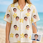 Woman wearing Women's Island Incense Custom Face Hawaiian Shirt — custom faces printed all-over