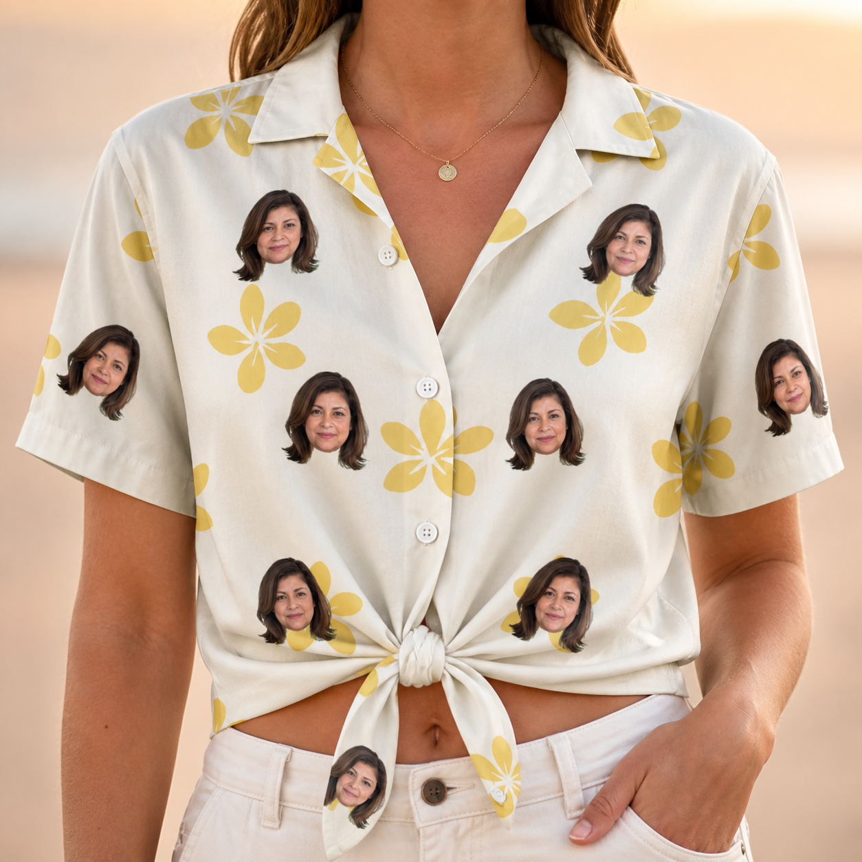 Woman wearing Women's Island Incense Custom Face Hawaiian Shirt tied at the waist