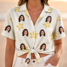 Woman wearing Women's Island Incense Custom Face Hawaiian Shirt tied at the waist
