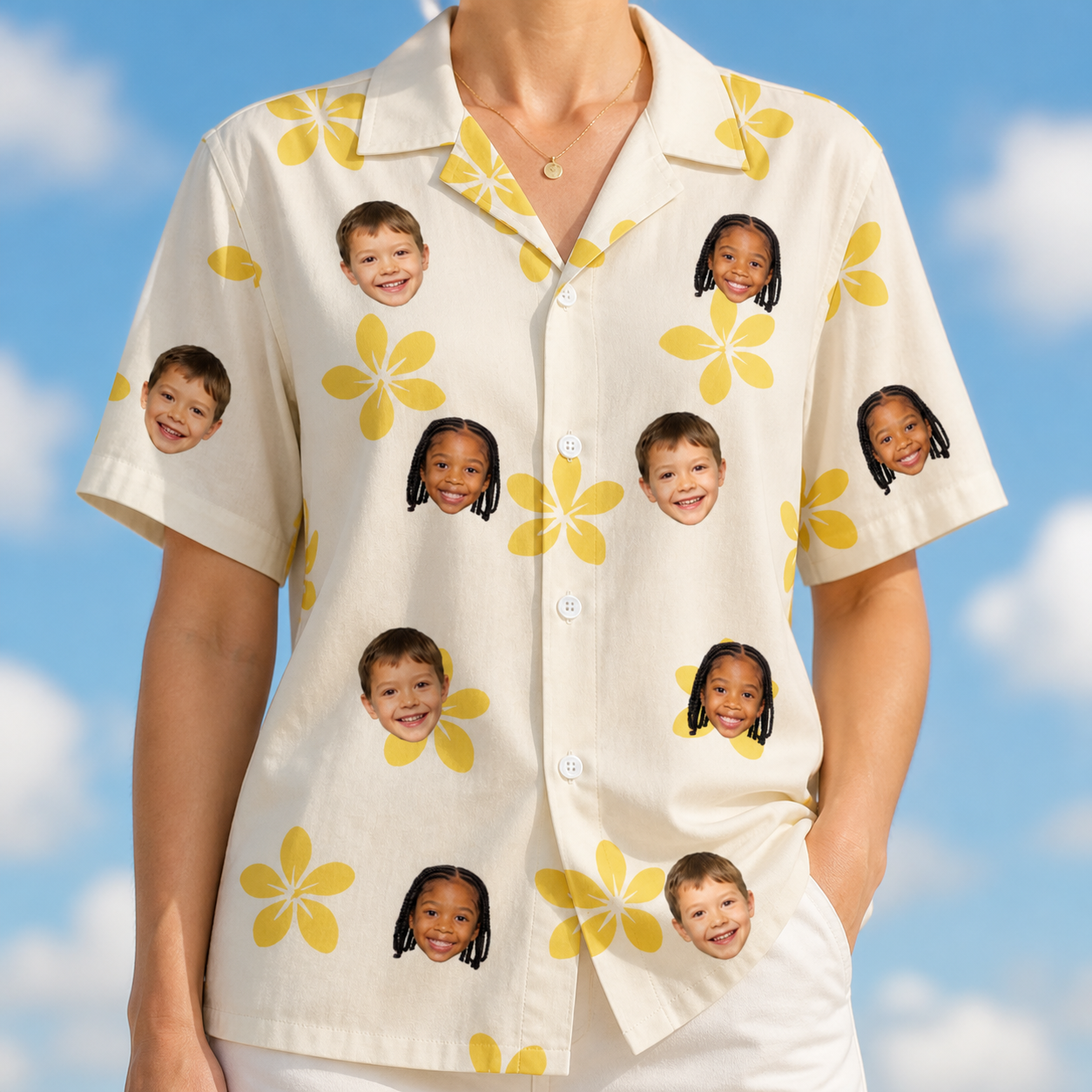 Model wearing Women's Island Incense Custom Face Hawaiian Shirt printed with kids' faces