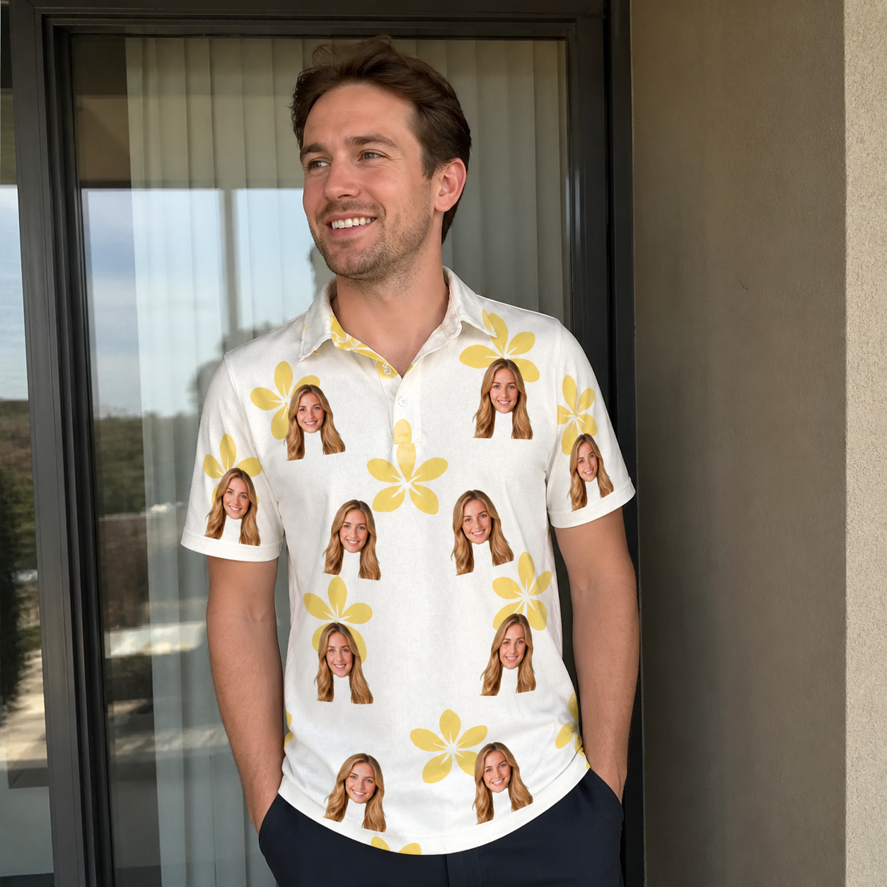 Real-life photo of someone wearing Men's Island Incense Custom Face Polo Shirt — custom faces printed all-over