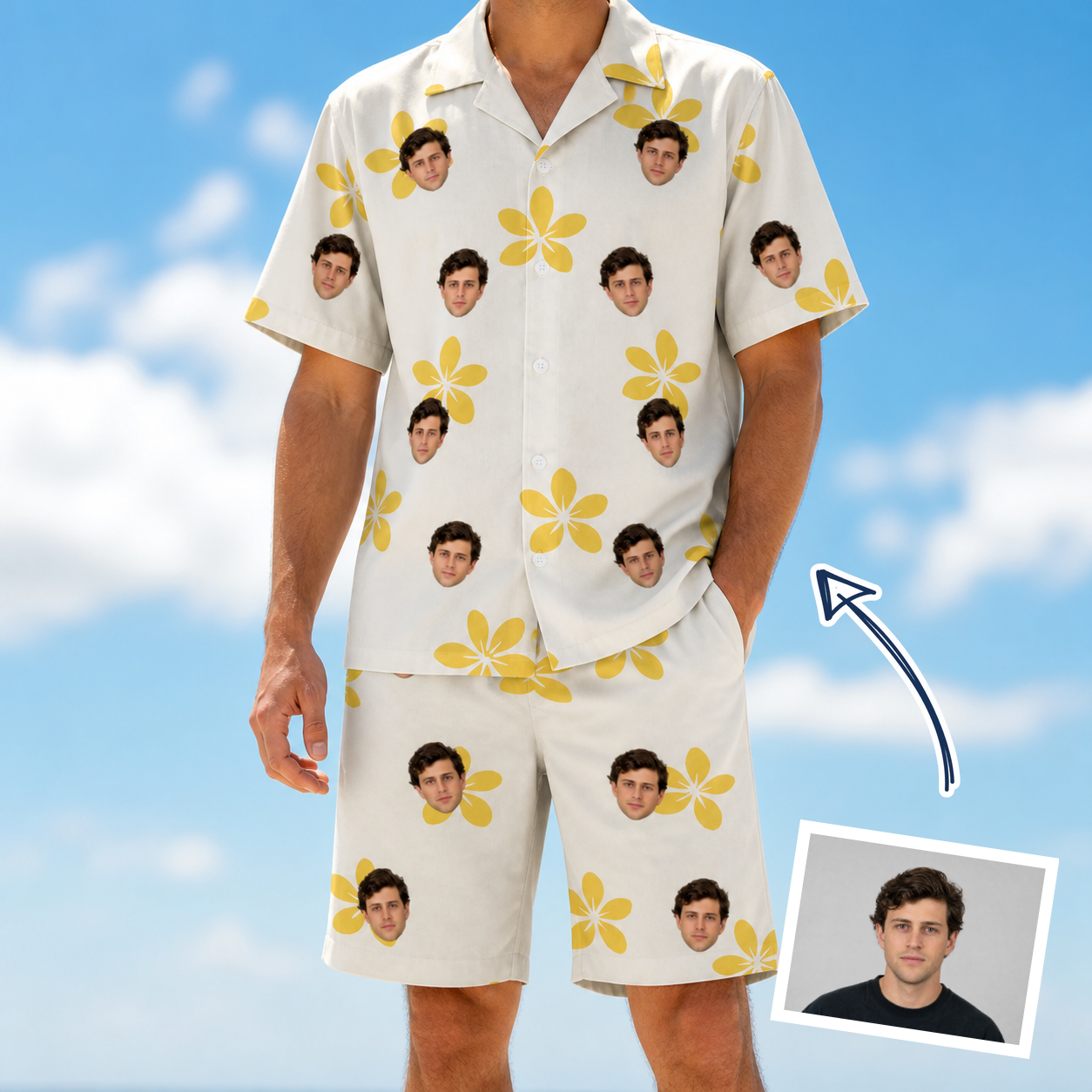 Man wearing Men's Island Incense Custom Face Shirt & Shorts Set — custom faces printed all-over
