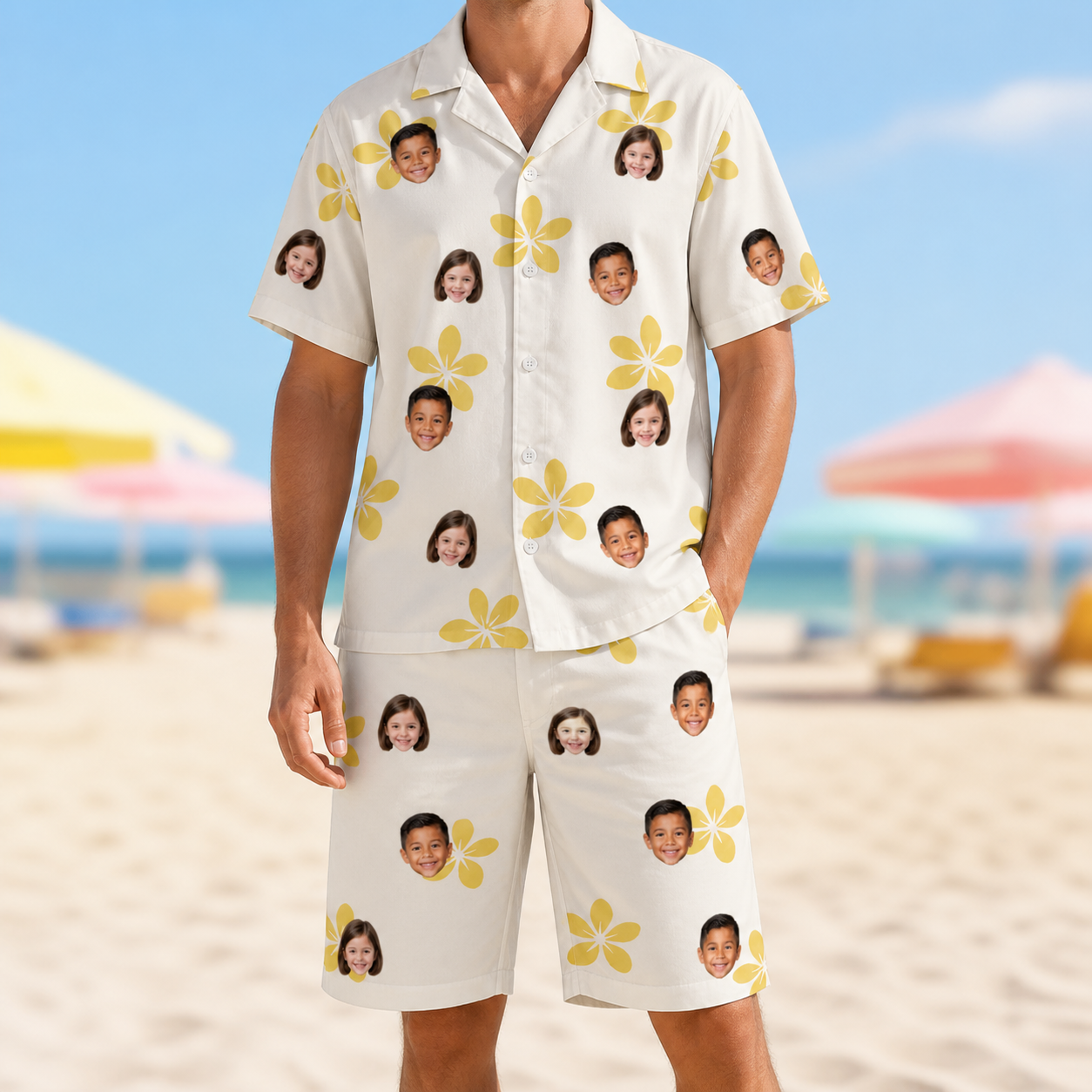 Model wearing Men's Island Incense Custom Face Shirt & Shorts Set printed with kids' faces