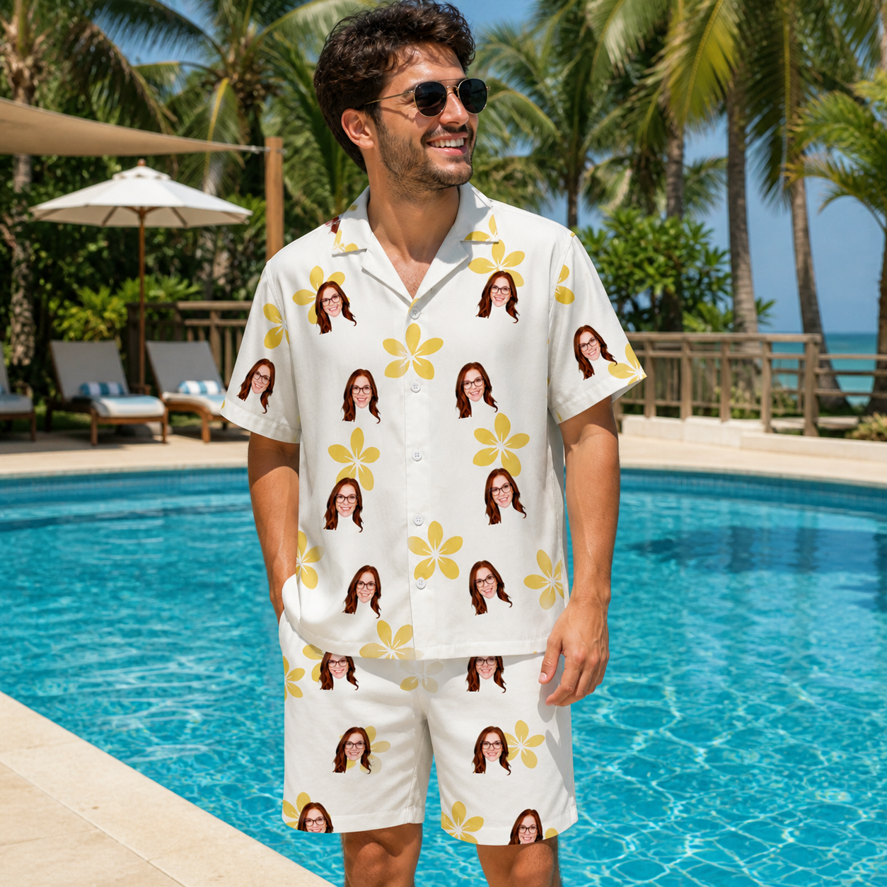 Real-life photo of someone wearing Men's Island Incense Custom Face Shirt & Shorts Set — custom faces printed all-over