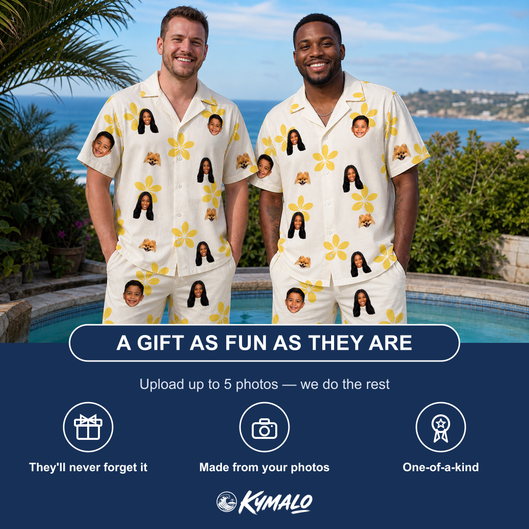 Friends in matching Men's Island Incense Custom Face Shirt & Shorts Set — a group gift photo