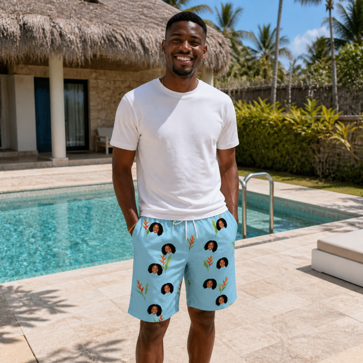 Real-life photo of someone wearing Men's Heliconia Hooray Custom Face Beach Shorts — custom faces printed all-over