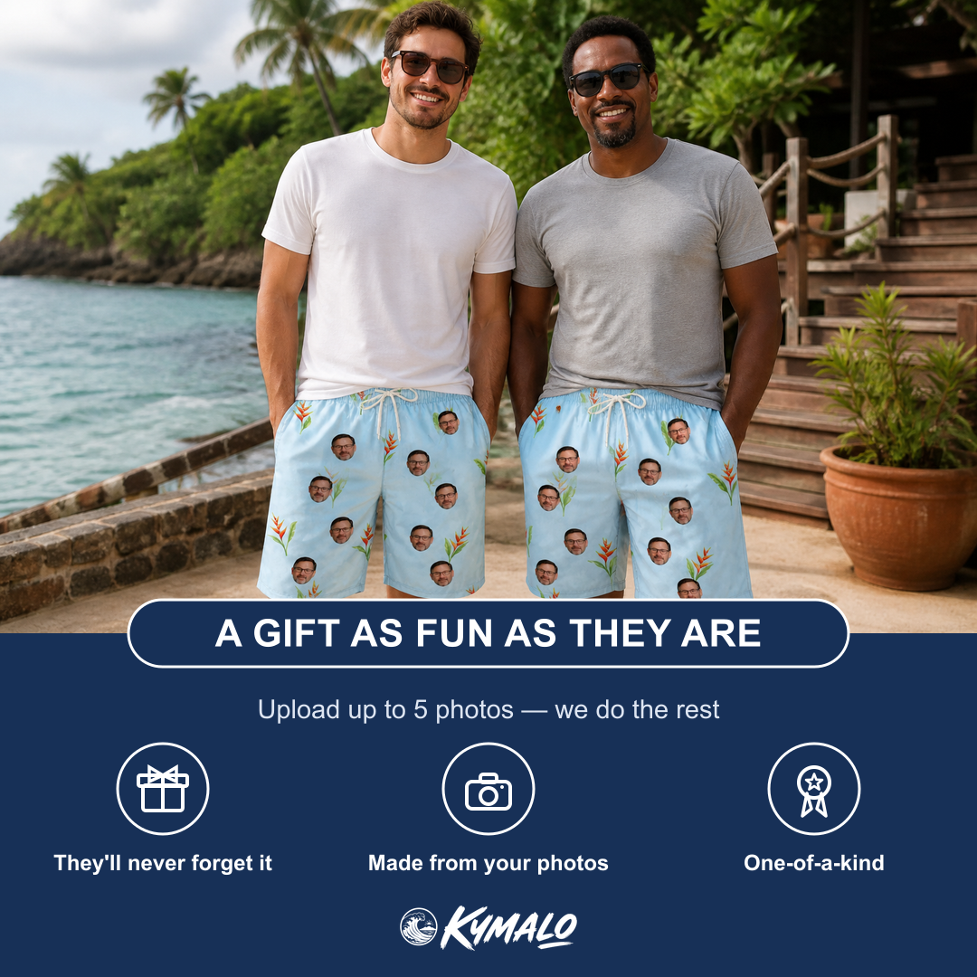 Friends in matching Men's Heliconia Hooray Custom Face Beach Shorts — a group gift photo