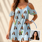 Woman wearing Women's Heliconia Hooray Custom Face Off-Shoulder Dress — custom faces printed all-over
