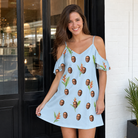 Real-life photo of someone wearing Women's Heliconia Hooray Custom Face Off-Shoulder Dress — custom faces printed all-over