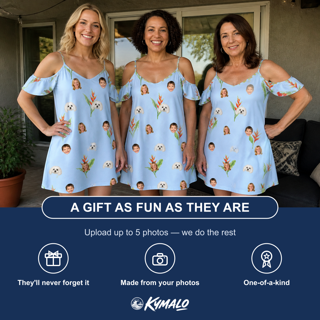 Friends in matching Women's Heliconia Hooray Custom Face Off-Shoulder Dress — a group gift photo