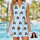 Woman wearing Women's Heliconia Hooray Custom Face V-Neck Dress — custom faces printed all-over