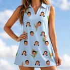 Model wearing Women's Heliconia Hooray Custom Face V-Neck Dress printed with kids' faces