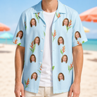 Man wearing Men's Heliconia Hooray Custom Face Hawaiian Shirt open over a white tee