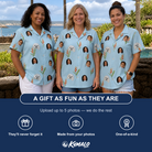 Friends in matching Women's Heliconia Hooray Custom Face Hawaiian Shirt — a group gift photo