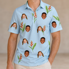 Model wearing Men's Heliconia Hooray Custom Face Polo Shirt printed with kids' faces
