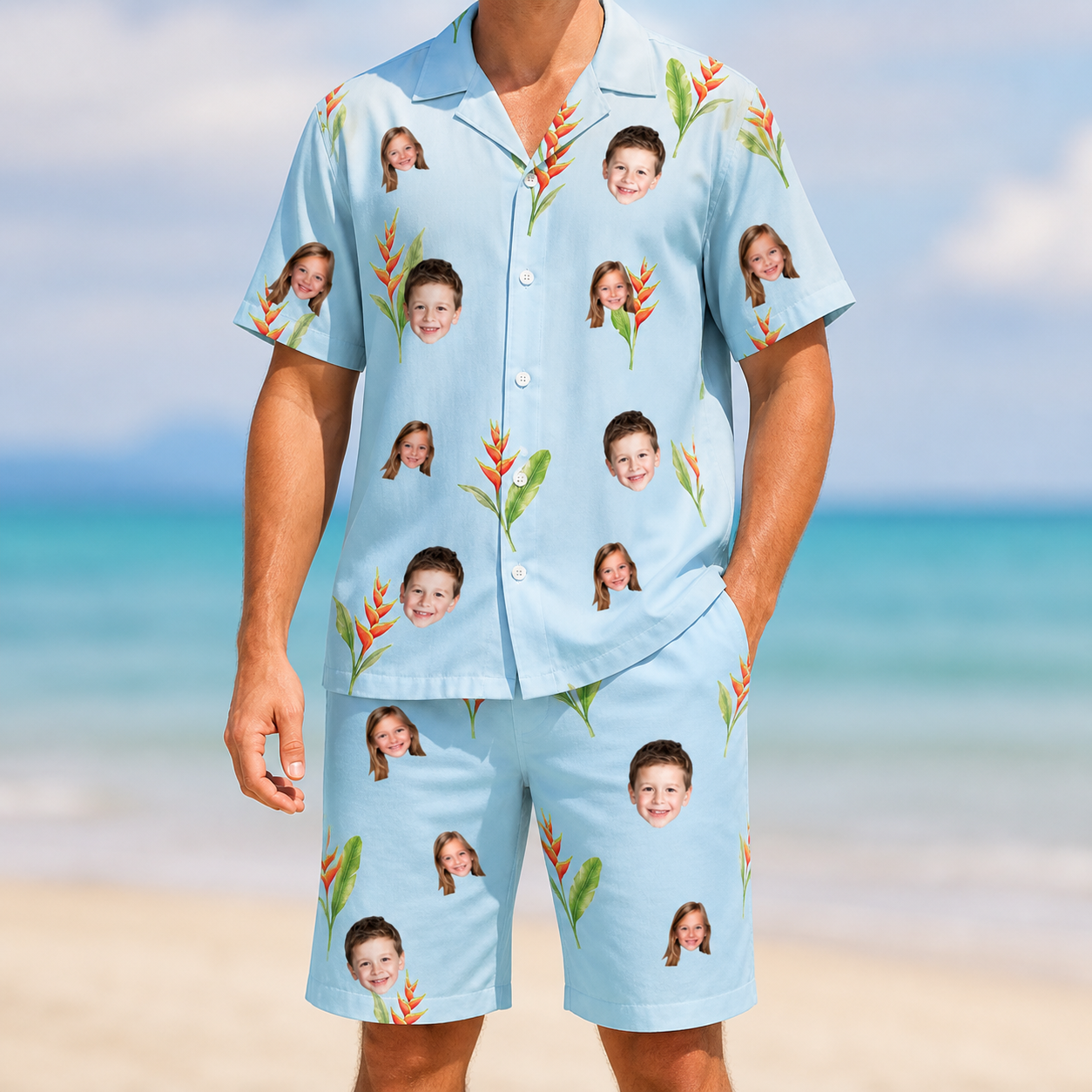 Model wearing Men's Heliconia Hooray Custom Face Shirt & Shorts Set printed with kids' faces